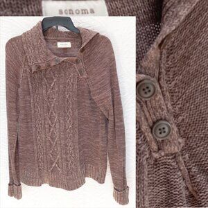 Brown Sonoma Fisherman Style Cable Knit Half Button Wide Fold Collar  LG (T-387)